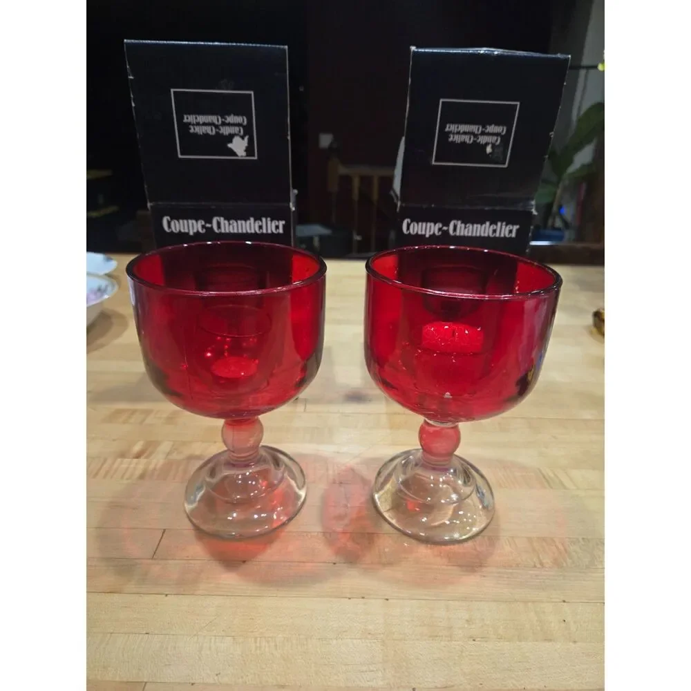 Vintage Indiana Glass Coupe Chandelier Ruby Red Candle Chalice Set of 2 Boxed